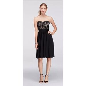 NWT David's Bridal Strapless Jeweled Black Lace Dress Knee length Size 8